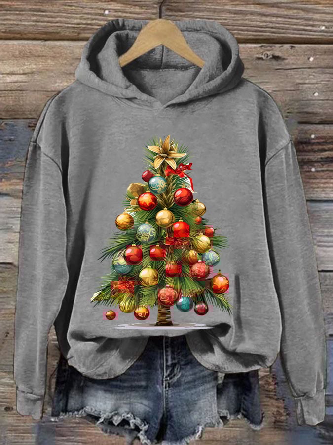 Christmas Palm Tree Print Casual Hooded Sweatshirt