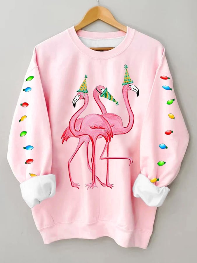Merry Christmas Flamingo Fun Print Casual Sweatshirt
