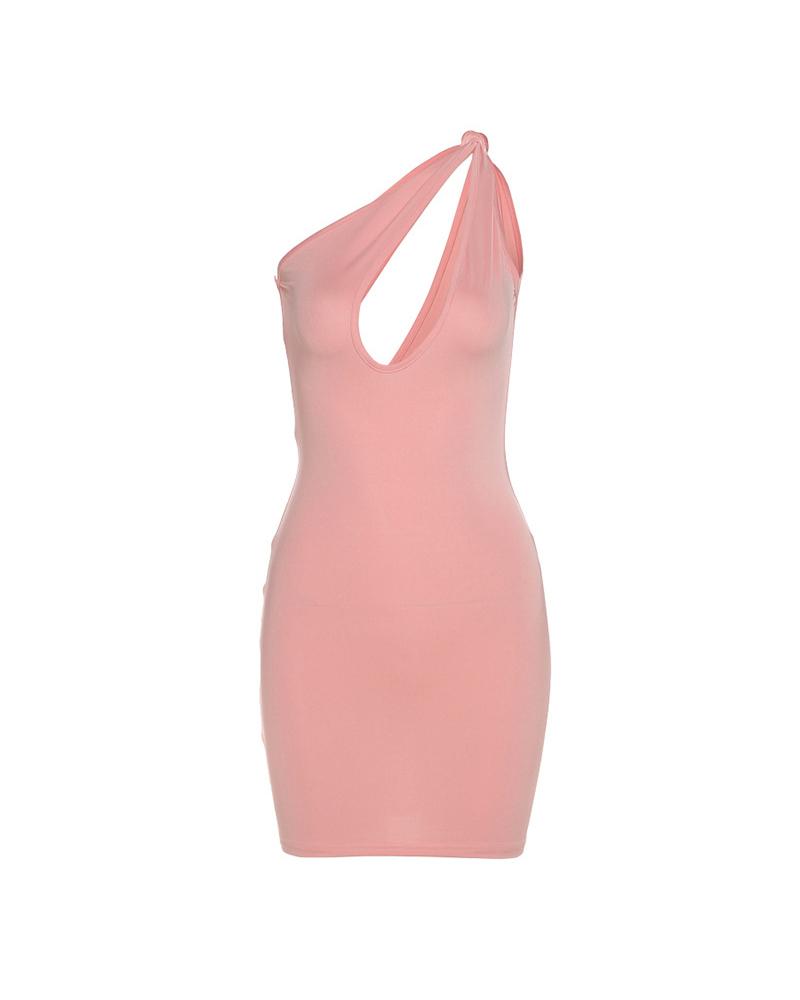Solid Color Cut-out One Shoulder Sleeveless Slinky Mini Dress