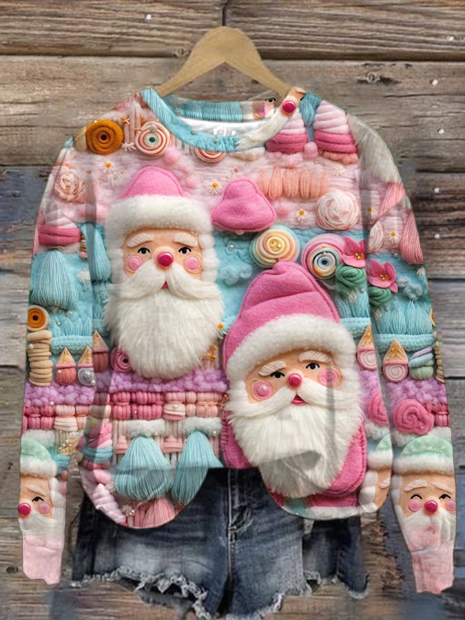 Pink Santa Print Long Sleeve Sweatshirt