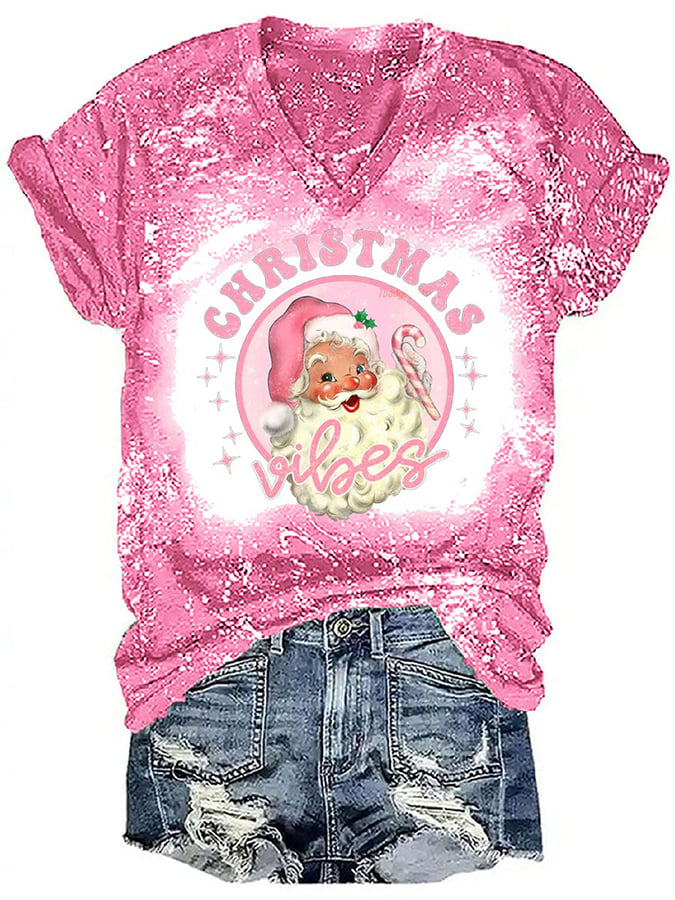 Pink Christmas Santa Claus Print Casual T-Shirt