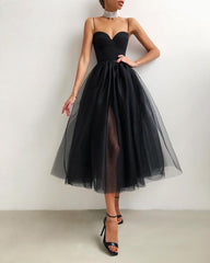 Spaghetti Strap Plain Sheer Mesh Evening Dress