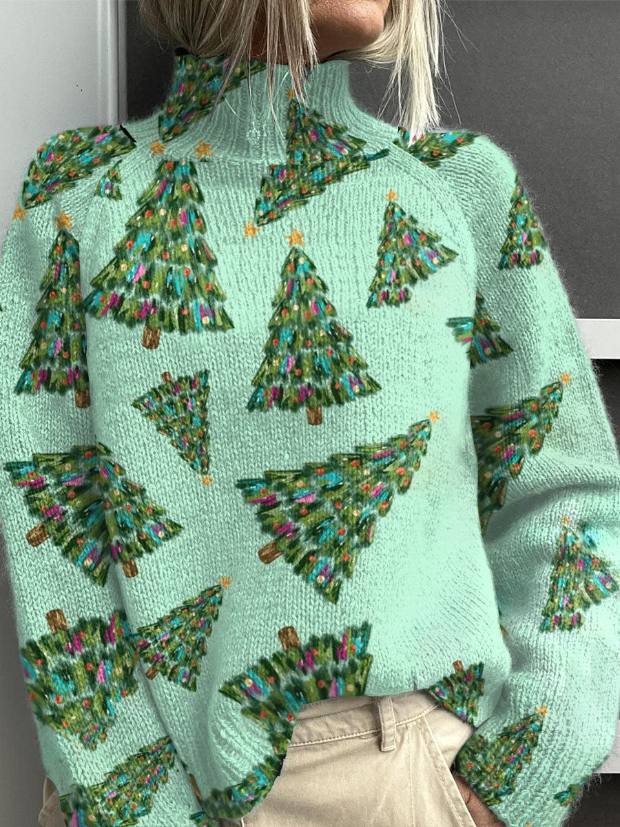 Christmas Tree Print Knit Turtleneck Pullover Sweater