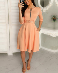 Solid Zipper Up Belted Pleated Casual Dress