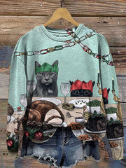 Retro Cat  Christmas Print Casual  Sweatshirt