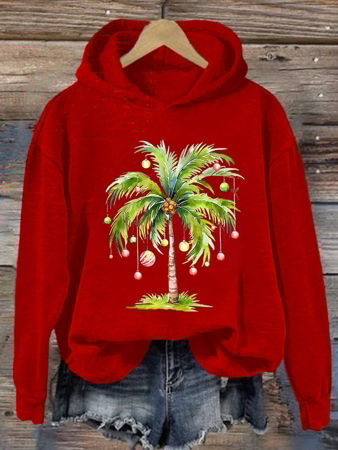 Casual Christmas Palm Tree Printed Long Sleeve Sweatshirt