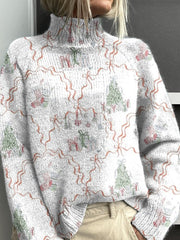 Warm Christmas Print Knit Turtleneck Pullover Sweater