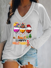 Happy Hallothanksmas Wine Print V-Neck Long Sleeve T-Shirt