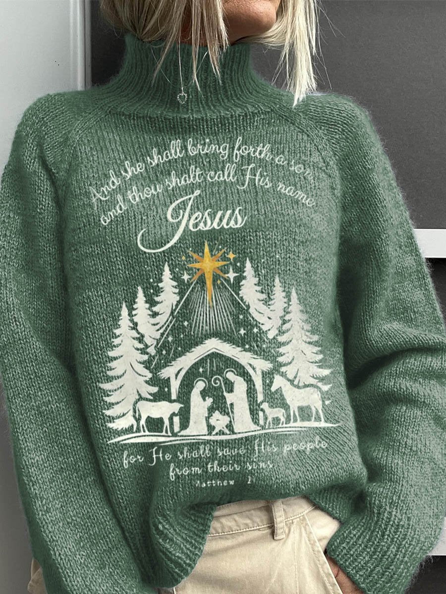 Lovely Birth Of Jesus Christmas Pattern Art Print Knit Turtleneck Pullover Sweater
