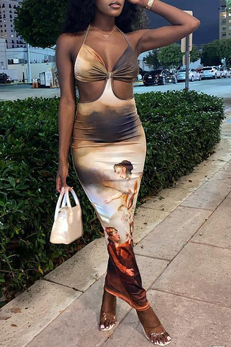 Classical Painting Print Cut Out Ruched Long Dress