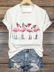 Lovely Christmas Flamingo Art Print V-neck Casual T-Shirt
