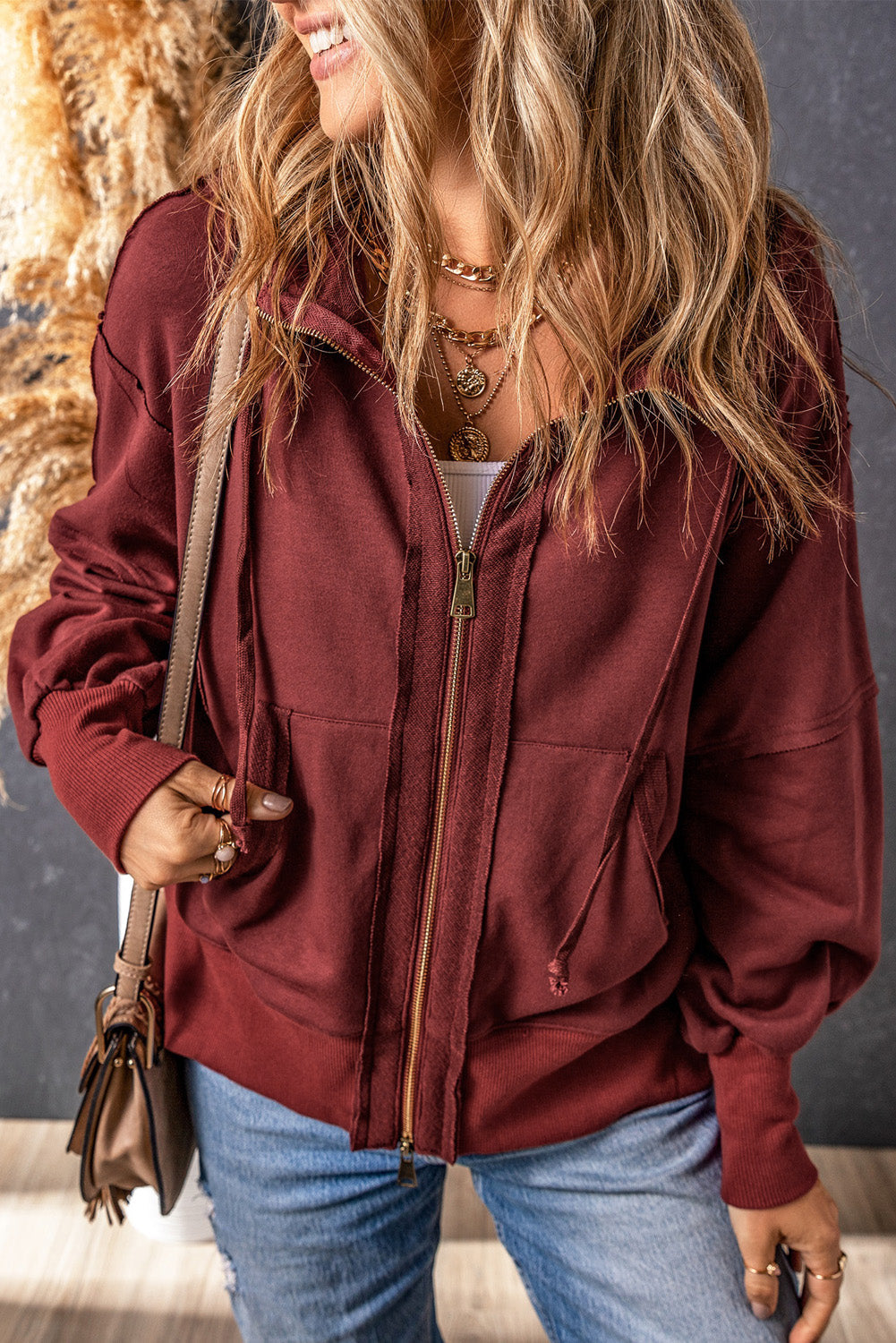 Exposed Seam Pocketed Zip-Up Hoodie