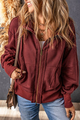 Exposed Seam Pocketed Zip-Up Hoodie