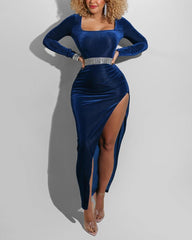Velvet Split Thigh Square Neck Maxi Dress