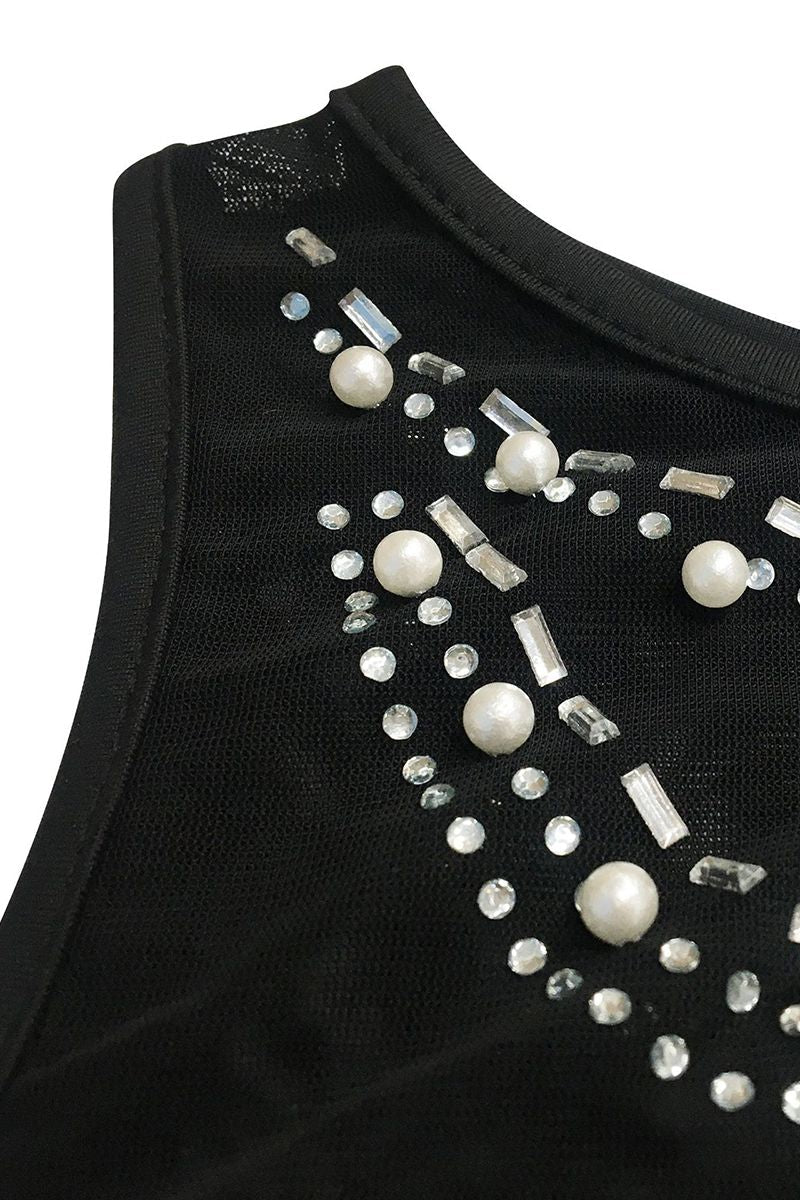 Contrast Mesh Rhinestone & Faux Pearls Decor Bodycon Dress