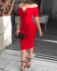 Solid Off Shoulder Short Sleeve Midi Dress