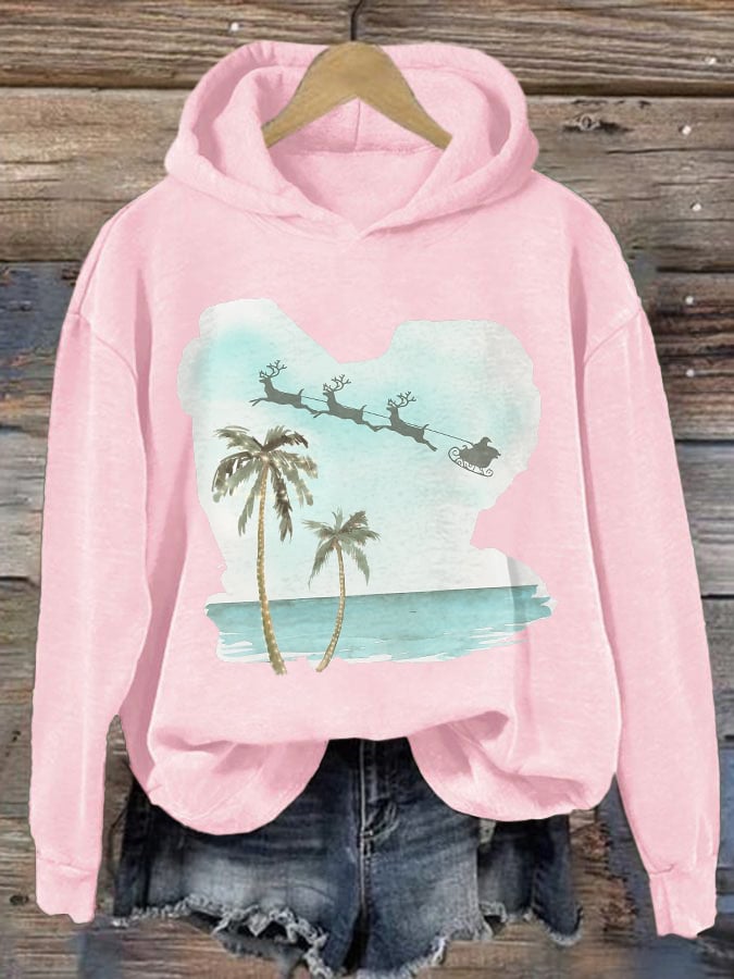 Retro Florida Merry Christmas Beach Palm Tree Print Hoodie
