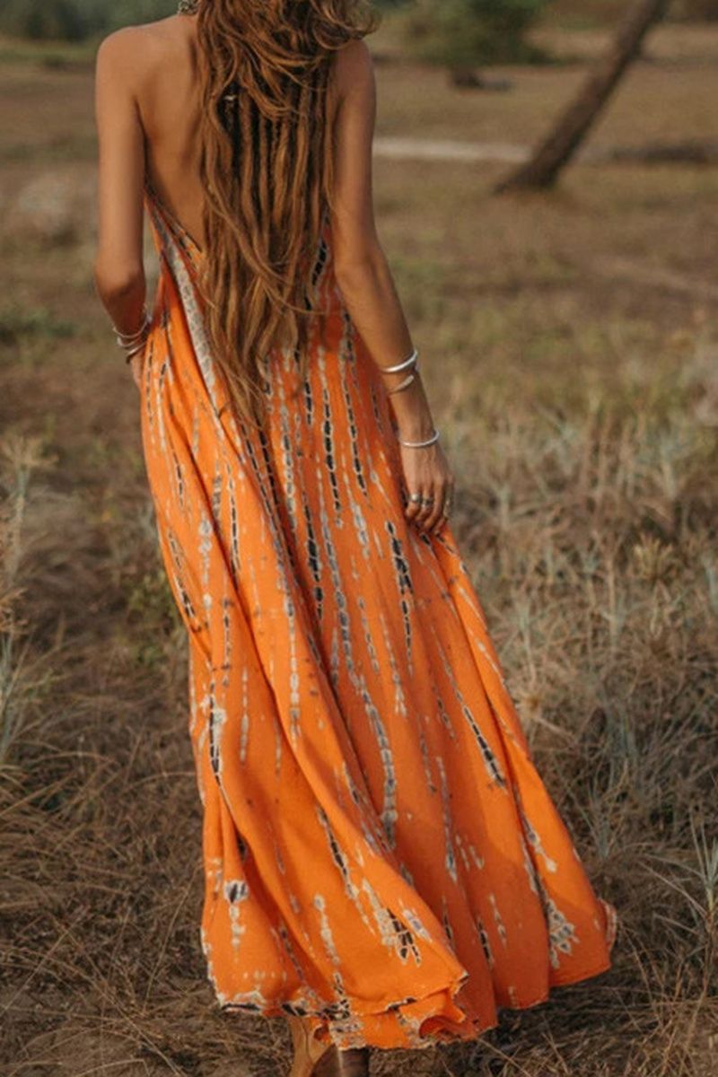 Allover Print Backless Halter Maxi Dress