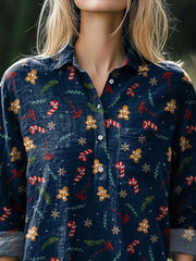 Christmas Gingerbread Men Pattern Printed Casual Cotton And Linen Shirt