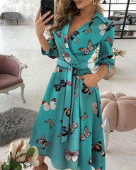 Pocket Design Butterfly Print Wrap Dress