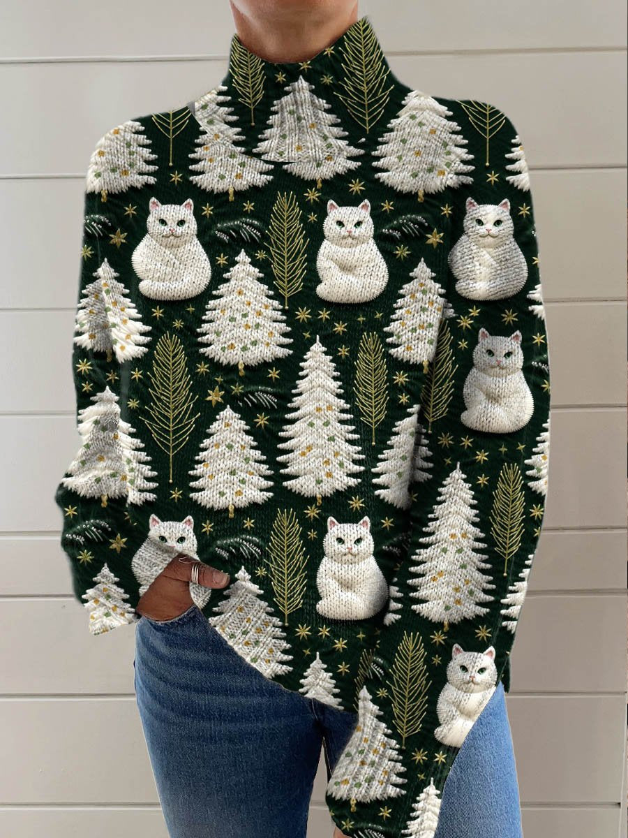 Lovely Christmas Tree Cats Art Print Knit Turtleneck Pullover Sweater
