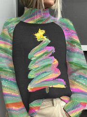 Watercolor Christmas Tree Knitted Turtleneck Sweater