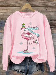 Christmas Flamingo Print Crew Neck Sweatshirt