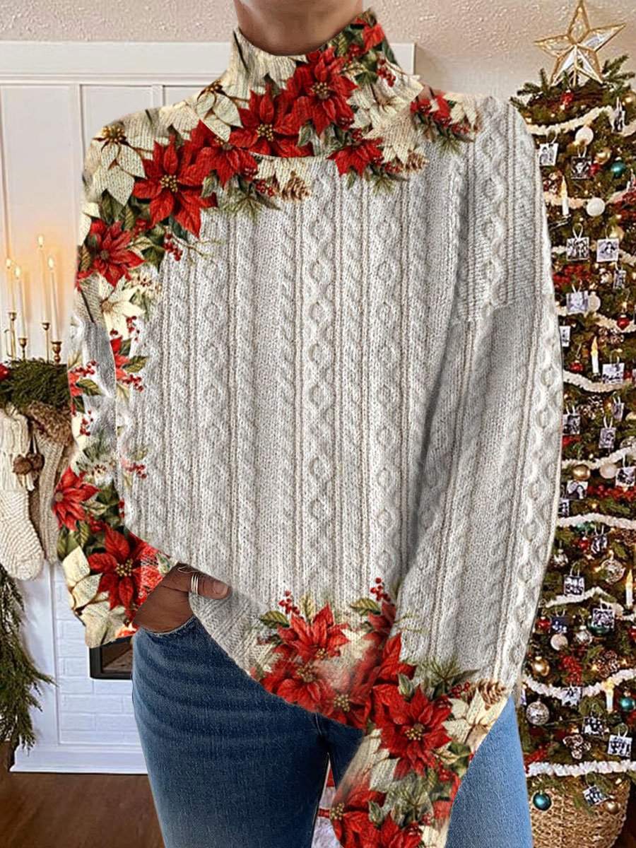 Retro Christmas  Print Knit Turtleneck Pullover Sweater