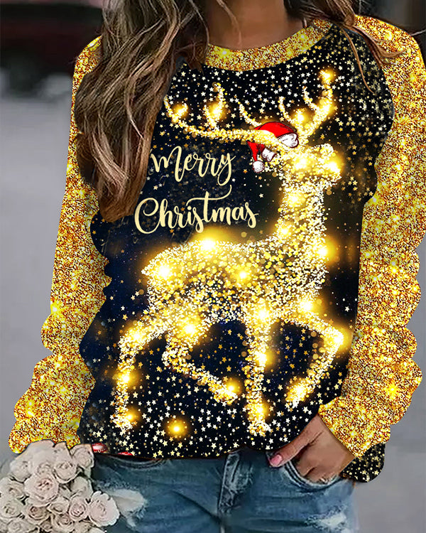 Glitter Christmas Elk Print Sweatshirt