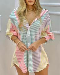 Color Striped Button Front Blouse Dress