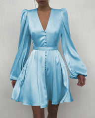 Plain Puff Sleeve Ruched Button Front Dress