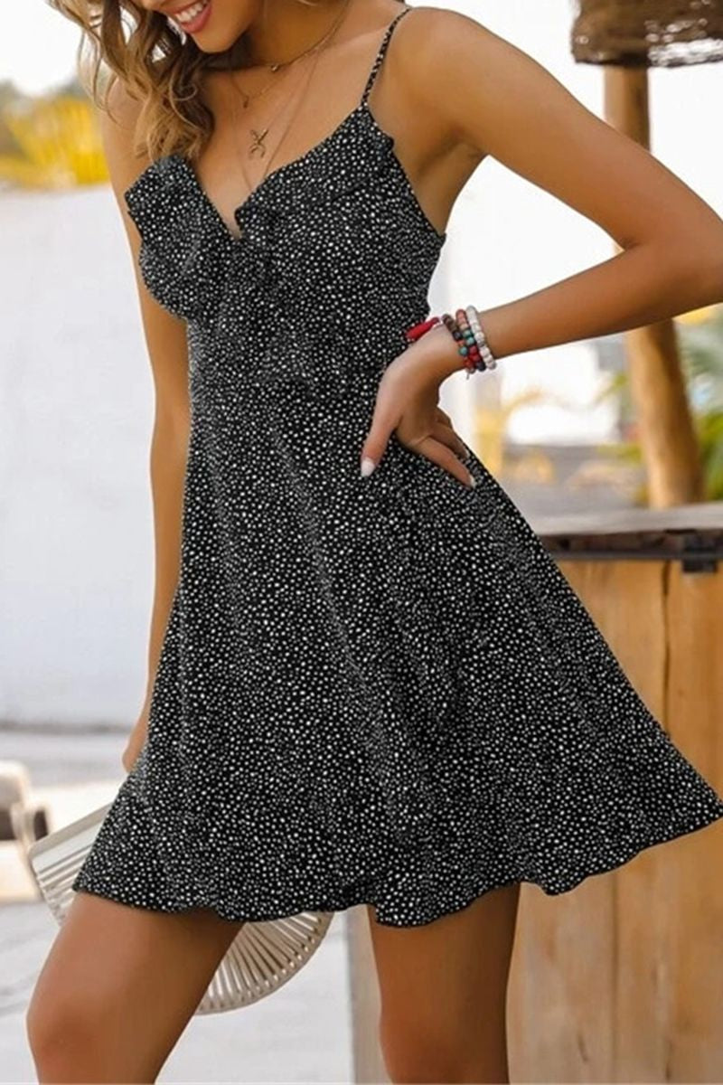 Allover Print Wrap Hem Ruffle Trim Cami Dress