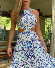 Halter Moroccan Print Cutout Maxi Dress