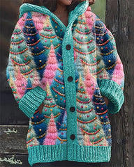 Christmas Colorful Christmas Tree Embroidery Print Casual Hooded Cardigan