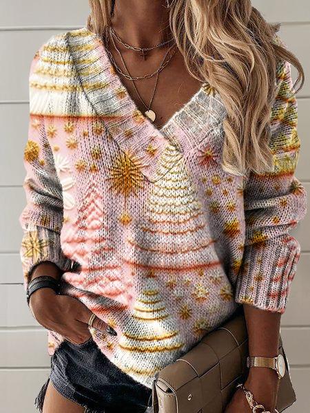 Christmas Tree Art Print Knit V-neck Pullover Sweater
