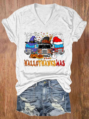 Casual Happy Hallothankmas Print Short Sleeve T-Shirt