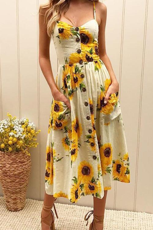 Sunflower Pineapple Pattern Sling Open Back Sexy Dress