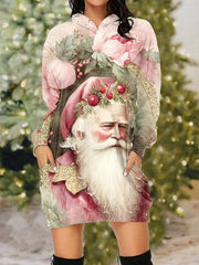 Pink Christmas Santa Claus Print Casual Hooded Sweatshirt Dress