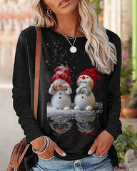 Christmas Snowman Casual Long Sleeve Crew Neck Loose Top