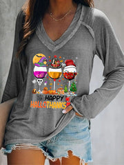 Happy Hallothanksmas Wine Print V-Neck Long Sleeve T-Shirt