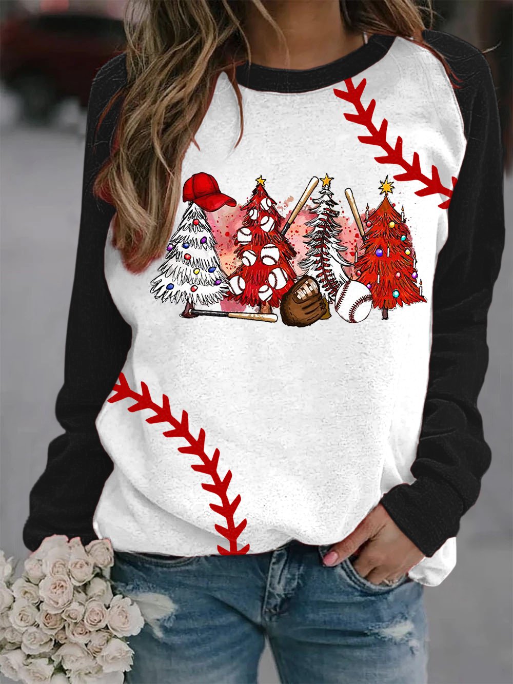 Merry Christmas Baseball Print Long Sleeve Top