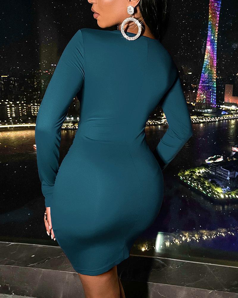 Solid Twist Cut Out Front Ruched Overlap Mini Dress