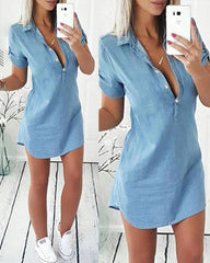 Solid Short Sleeve Slim Mini Bodycon Denim Dress
