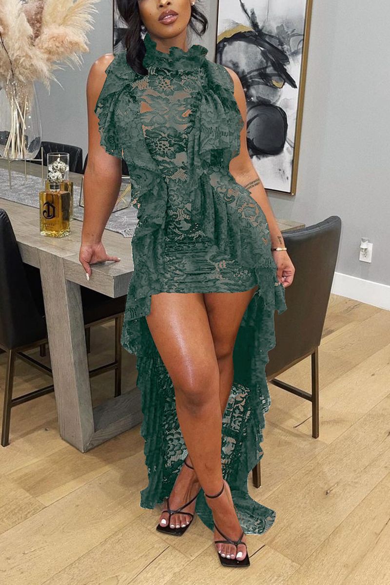 Floral Lace Ruffle Trim High Low Maxi Dress