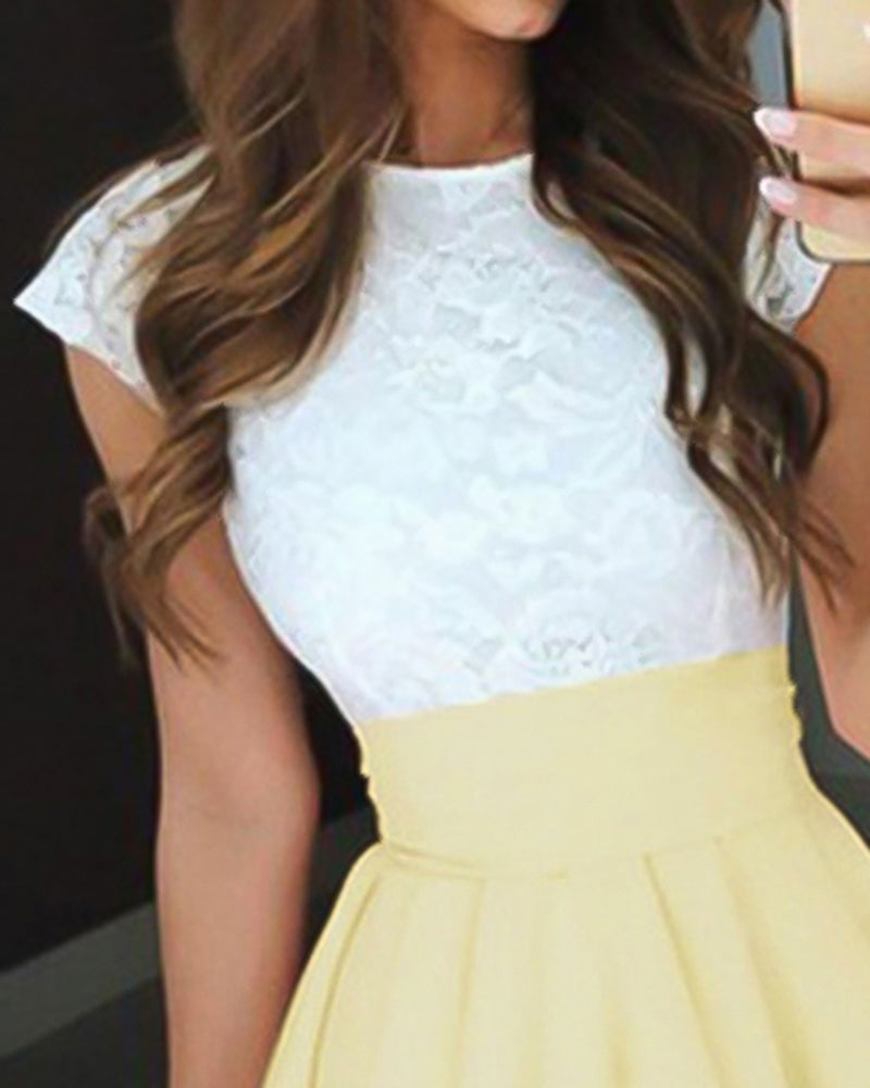 Colorblock Contrast Lace Ruffle Hem Mini Skater Dress