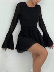 Solid Color Mesh Splice Backless Flare Sleeve Mini Dress