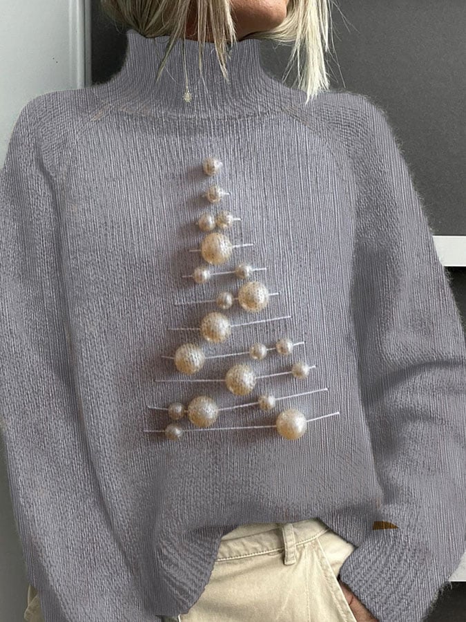 Pearl Christmas Tree Print Knitted Turtleneck Sweater