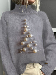 Pearl Christmas Tree Print Knitted Turtleneck Sweater