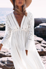 White Plunge Lace Drawstring Boho Beach Cover Up Maxi Dress