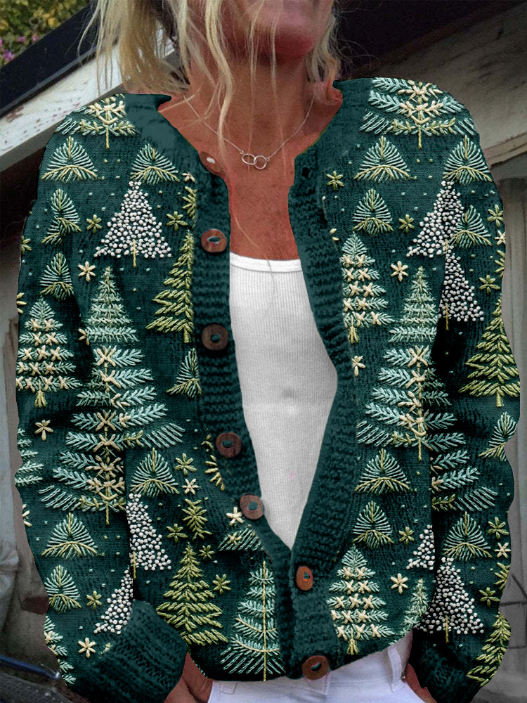 Christmas Tree Embroidered Crew Neck Cozy Cardigan